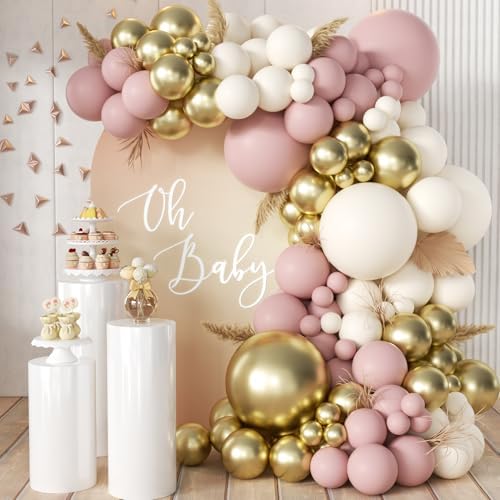 Pink White Gold Balloons Arch Kit, 155Pcs Dusty Pink Matte White Metallic Gold Balloon Garland for Birthday