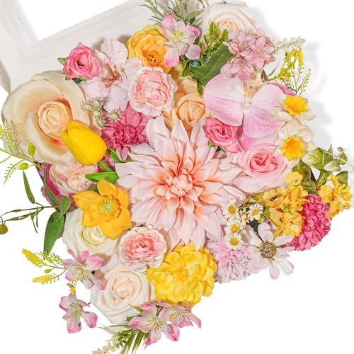 Pink Yellow Artificial Flowers Box Combo Garden Wedding Decor in Pink Yellow