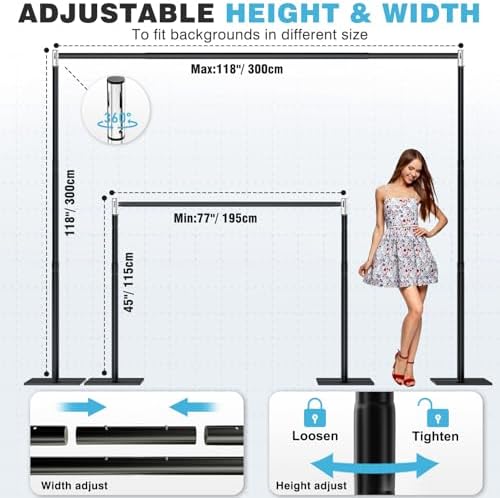 Pipe and Drape Backdrop Stand, 10x10ft Heavy Duty Backdrop Stand with Metal Base, Adjustable Height & Width, alternate view 2