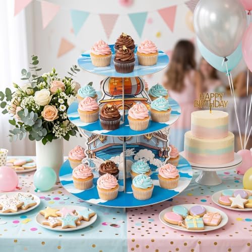 Pirate Nautical Cupcake Stand - 3 Tier Dessert Holder Decoration in Blue, White, Orange, alternate view 2