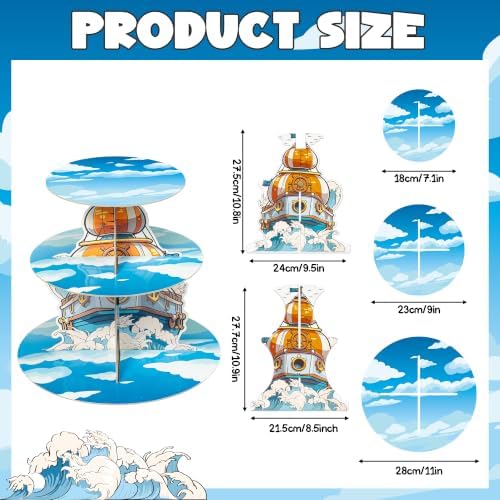 Pirate Nautical Cupcake Stand - 3 Tier Dessert Holder Decoration in Blue, White, Orange, alternate view 3