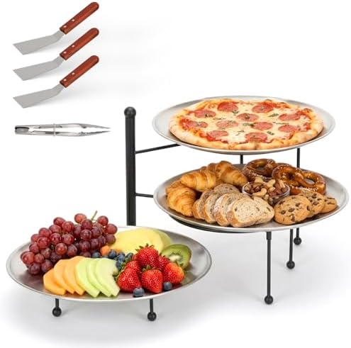 Pizza Pan Stand Set, 3-Tier Rack with 3 Stainless Pans, Knives & Clip in black