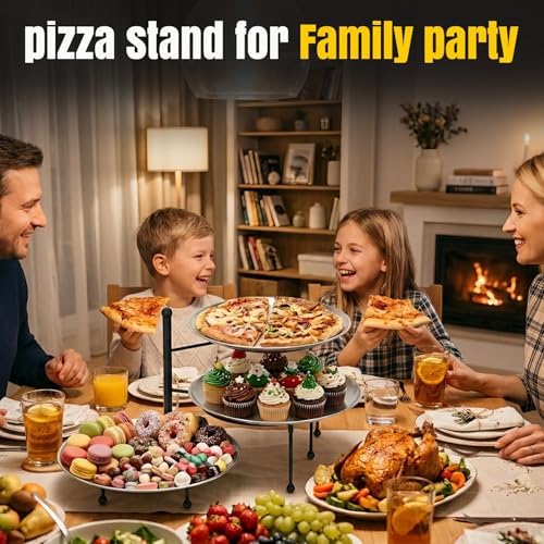 Pizza Pan Stand Set, 3-Tier Rack with 3 Stainless Pans, Knives & Clip in black, alternate view 2