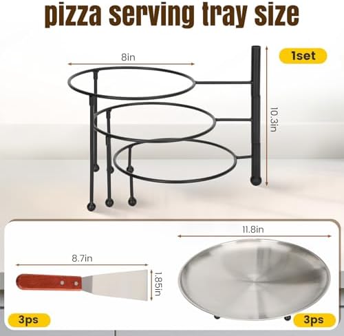 Pizza Pan Stand Set, 3-Tier Rack with 3 Stainless Pans, Knives & Clip in black, alternate view 3