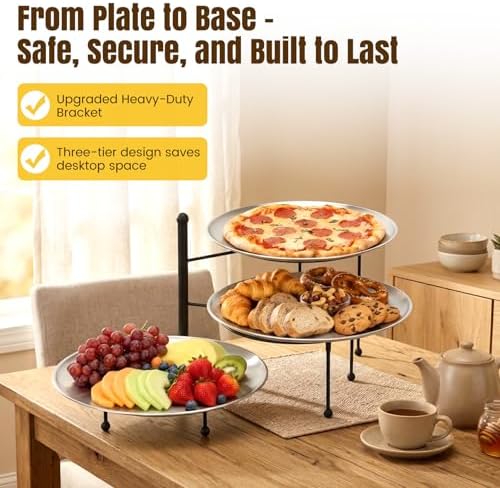 Pizza Pan Stand Set, 3-Tier Rack with 3 Stainless Pans, Knives & Clip in black, alternate view 4
