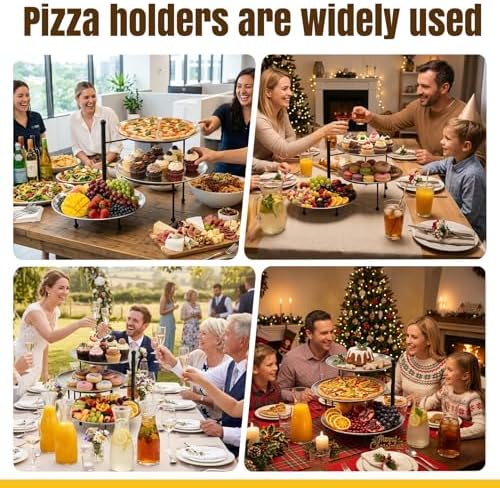 Pizza Pan Stand Set, 3-Tier Rack with 3 Stainless Pans, Knives & Clip in black, alternate view 6