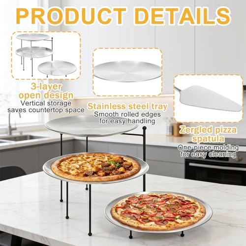 Pizza Stands Tiered Serving Tray Stand Sets Includes 1 Pcs Tiered Tray Stand 3 Stainless Steel Pizza Pan and 3, alternate