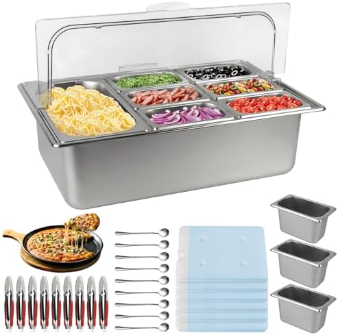 Pizza Topping Station 9 Pans Stainless Steel Salad Bar for Home in Silver