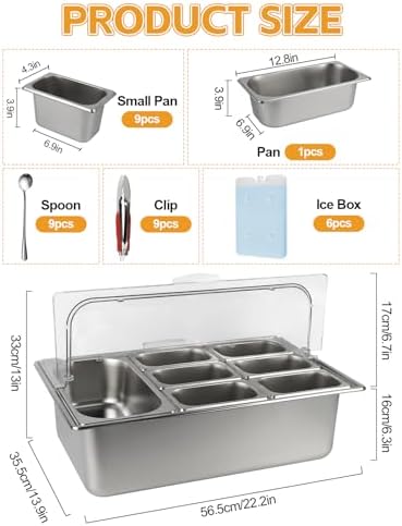Pizza Topping Station 9 Pans Stainless Steel Salad Bar for Home in Silver, alternate view 3