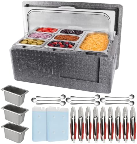 Pizza Topping Storage Station, 10 Grids Insulated Cold Food Buffet in Silver Flip Cover & Insulated Box