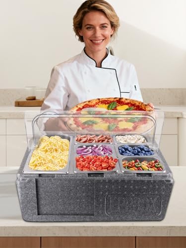 Pizza Topping Storage Station, 10 Grids Insulated Cold Food Buffet in Silver Flip Cover & Insulated Box, alternate view 2