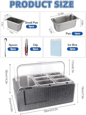 Pizza Topping Storage Station, 10 Grids Insulated Cold Food Buffet in Silver Flip Cover & Insulated Box, alternate view 3
