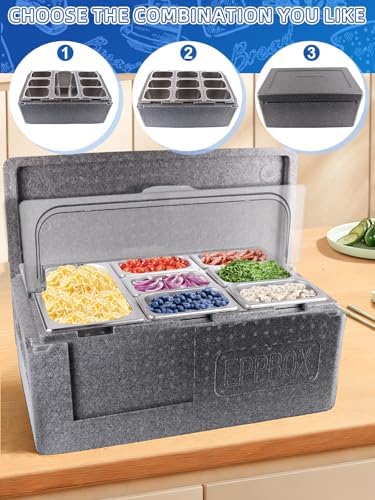 Pizza Topping Storage Station, 10 Grids Insulated Cold Food Buffet in Silver Flip Cover & Insulated Box, alternate view 6