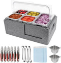Pizza Topping Storage Station, 7 Grids Insulated Cold Food Buffet in Silver Flip Cover & Insulated Box
