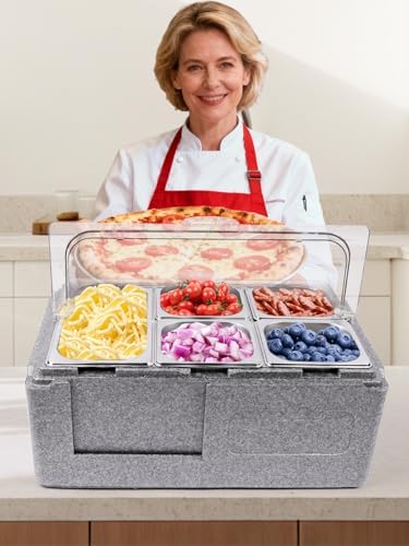 Pizza Topping Storage Station, 7 Grids Insulated Cold Food Buffet in Silver Flip Cover & Insulated Box, alternate view 2