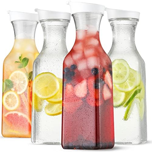 Plastic 4 Pack Large 50 Oz Water Carafe with Flip Top Lid, Square Base Juice Containers, Clear Plastic Pitcher