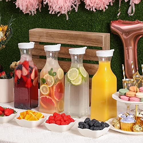 Plastic 4 Pack Large 50 Oz Water Carafe with Flip Top Lid, Square Base Juice Containers, Clear Plastic Pitcher, alternate