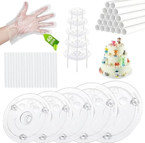 Plastic Cake Dowel Set: 40 Rods, 20 White Support, 5 Separator Plates for 4 to 12'' Cakes & 15 Clear Stacking