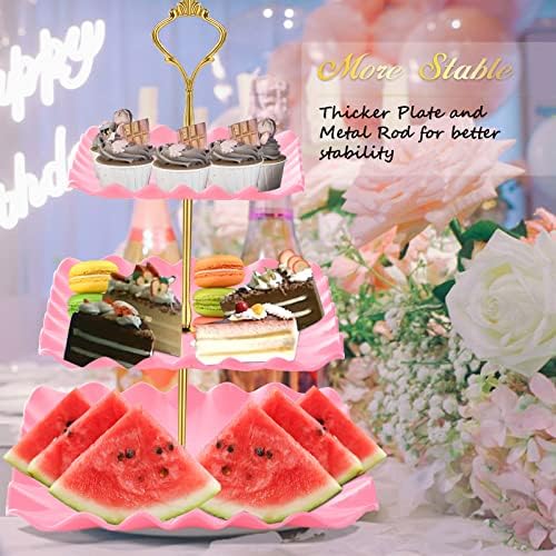 Plastic Dessert Cupcake Stand, 3 Tier Cupcake Tower Holder, Pink in Pink, alternate view 5