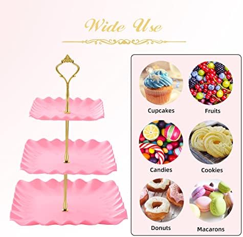 Plastic Dessert Cupcake Stand, 3 Tier Cupcake Tower Holder, Pink in Pink, alternate view 6