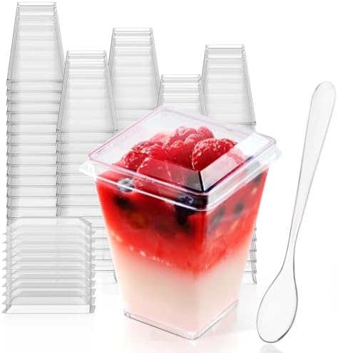 Plastic Dessert Cups with Lids and Spoons 5 oz 100 Pack in 5oz-100pack in Clear