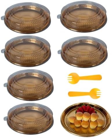Plastic Gold Platter Food Serving Tray with Clear Lid and Forks, 10 inch Round Disposable Catering Trays