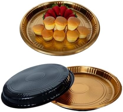 Plastic Gold Platter Food Serving Tray with Clear Lid and Forks, 10 inch Round Disposable Catering Trays, alternate view 4