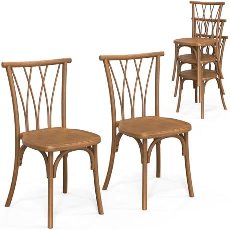 Plastic Outdoor Dining Chairs Set of 2, Stackable Patio Dining Chairs with Wicker Backrest, Waterproof Kitchen &