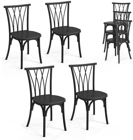 Plastic Outdoor Dining Chairs Set of 4, Stackable Patio Dining Chairs with Wicker Backrest, Waterproof Kitchen &