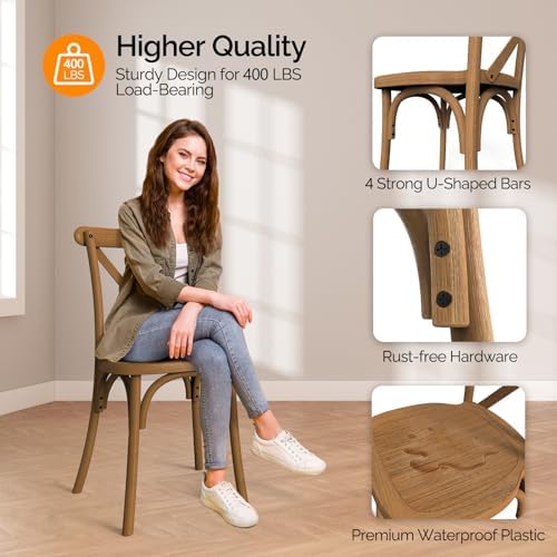 Plastic Outdoor Dining Chairs Set of 4, Stackable Patio Farmhouse Brown Dining Chairs with X Back, Waterproof, alternate view