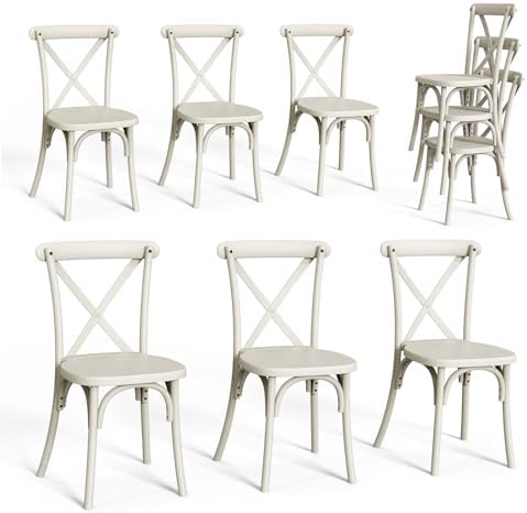 Plastic Outdoor Dining Chairs Set of 6, Stackable Patio Cream White Dining Chairs with X Back, Waterproof