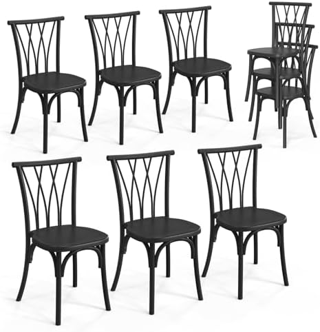 Plastic Outdoor Dining Chairs Set of 6, Stackable Patio Dining Chairs with Wicker Backrest, Waterproof Kitchen &