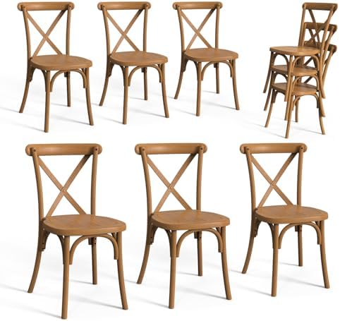 Plastic Outdoor Dining Chairs Set of 6, Stackable Patio Farmhouse Brown Dining Chairs with X Back, Waterproof