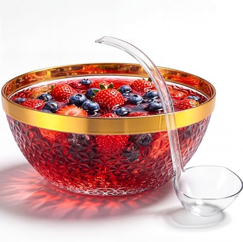 Plastic Punch Bowl with Ladle 1.4 Gallon (5.6 Quart) Diamond Texture Gold Rim Punch Bowl with Serving Spoon