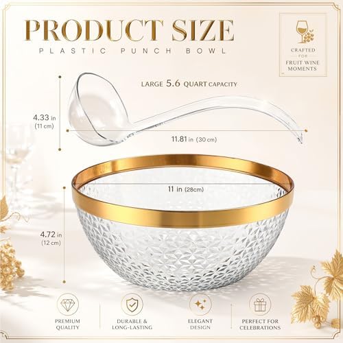 Plastic Punch Bowl with Ladle 1.4 Gallon (5.6 Quart) Diamond Texture Gold Rim Punch Bowl with Serving Spoon, alternate view 2