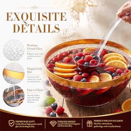 Plastic Punch Bowl with Ladle 1.4 Gallon (5.6 Quart) Diamond Texture Gold Rim Punch Bowl with Serving Spoon, alternate view 3
