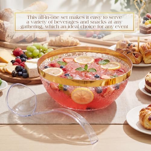 Plastic Punch Bowl with Ladle 1.4 Gallon (5.6 Quart) Diamond Texture Gold Rim Punch Bowl with Serving Spoon, alternate view 4