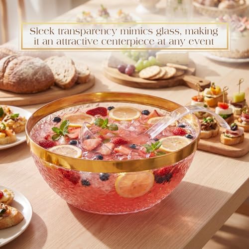 Plastic Punch Bowl with Ladle 1.4 Gallon (5.6 Quart) Diamond Texture Gold Rim Punch Bowl with Serving Spoon, alternate view 5