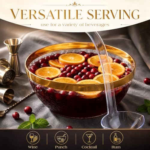 Plastic Punch Bowl with Ladle 1.4 Gallon (5.6 Quart) Diamond Texture Gold Rim Punch Bowl with Serving Spoon, alternate view 6