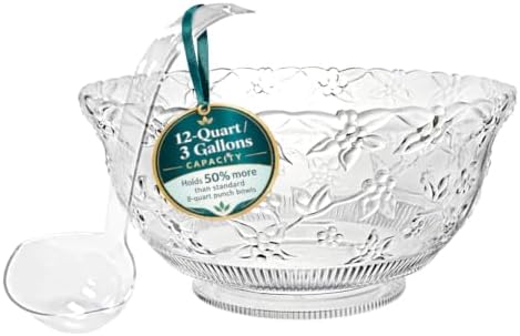 Plastic Punch Bowl with Ladle, Clear Embossed Glass-Like 3-Gallon (12-Quart) Large Disposable Serving Bowl with