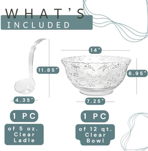 Plastic Punch Bowl with Ladle, Clear Embossed Glass-Like 3-Gallon (12-Quart) Large Disposable Serving Bowl with, alternate