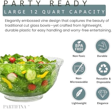 Plastic Punch Bowl with Ladle, Clear Embossed Glass-Like 3-Gallon (12-Quart) Large Disposable Serving Bowl with, alternate