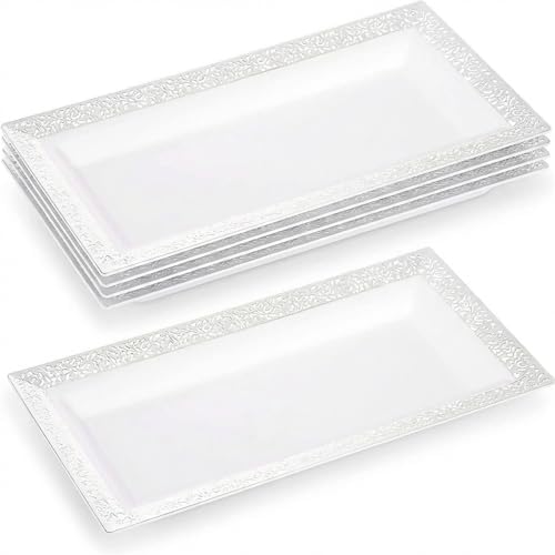 Plastic Serving Tray & Platter Set (4-Pack) White Lace Disposable Party Trays & Platters for Food - Versatile