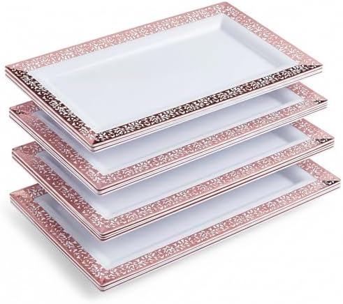 Plastic Serving Tray & Platter Set (4pk) White & Rose Gold Lace Disposable Party Trays & Platters for Food