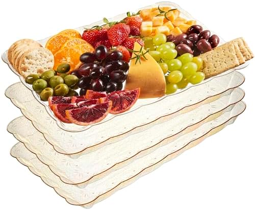 Plastic Serving Trays - Serving Platters Rectangle 9X13 Disposable Gold Glitter Party Dish Includes 4 Trays in