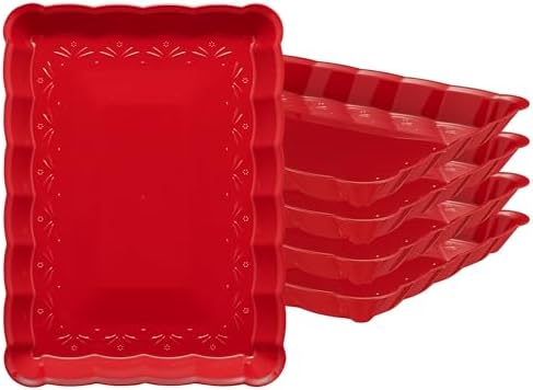 Plastic Serving Trays - Serving Platters Rectangle 9X13 Disposable Party Dish Includes 4 Red Christmas Trays in
