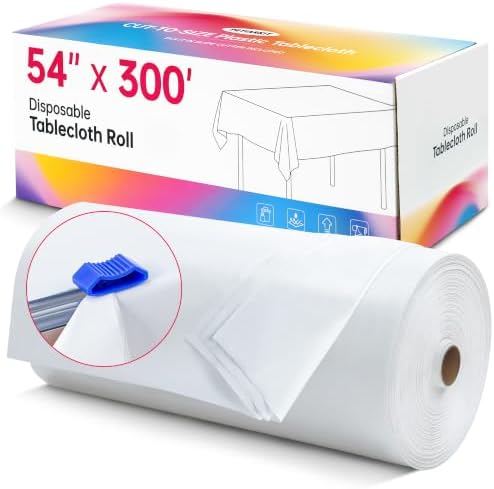 Plastic Table Cloth Disposable, 54In X 300Ft White Table Cover Roll in 54" x 3600" (Rectangular) in White