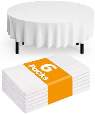 Plastic Table Cloth Disposable 6 Pack, 84 Inch Round, White in White