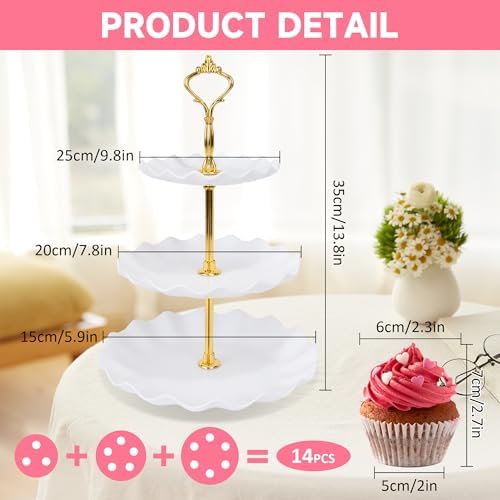 Plastic Tiered Serving Tray, 3 Tier Cake Stand Cupcake Holder with Metal Rod, Cake Stand Round Display for Cakes, alternate