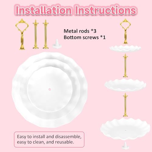 Plastic Tiered Serving Tray, 3 Tier Cake Stand Cupcake Holder with Metal Rod, Cake Stand Round Display for Cakes, alternate
